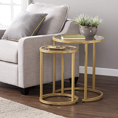 2-Piece Round Nesting Side Table Set, Gold Metal and Glass Accent Tables