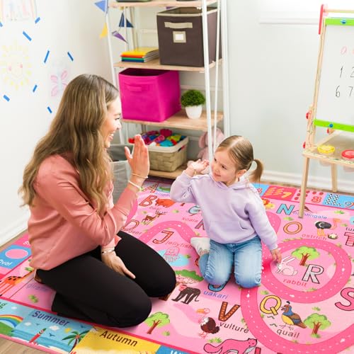Educational Kids Play Rug 4x6 Pink ABC Learning Carpet for Classroom