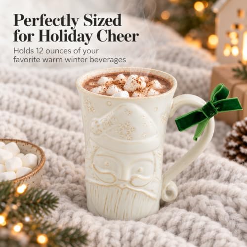 Mud Pie Santa Christmas Mug 12 oz Embossed Stoneware with Green Velvet Bow