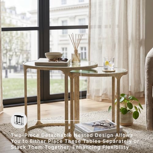Oval Nesting Accent Table Set of 2, Gold Metal Frame with Beveled Mirror Tops