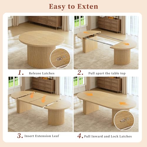 Extendable Round Dining Table, 39-77 Inch Oval Kitchen Table with Fluted Base