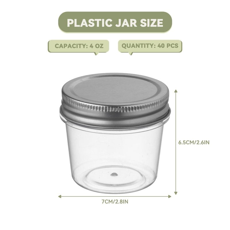 novelinks 4 oz Small Plastic Jars with Lids, 40 Pack Mini Plastic Mason Jars with Lids 4oz, Craft Storage Containers & Canning Jars & Small Spice Jars for Kitchen Organization (40 Pack,Silver)