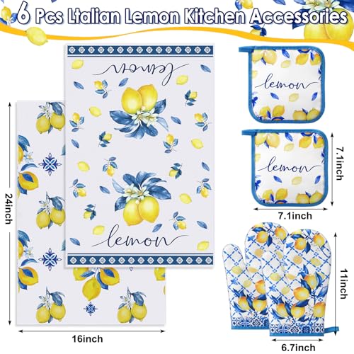 6-Piece Italian Lemon Kitchen Set: Oven Mitts, Pot Holders, and Towels