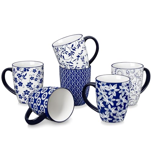 Vancasso Selene 16 Oz Blue Floral Coffee Mug Set of 6 - Large Porcelain Tea & Coffee Cups with Handle, Dishwasher & Microwave Safe