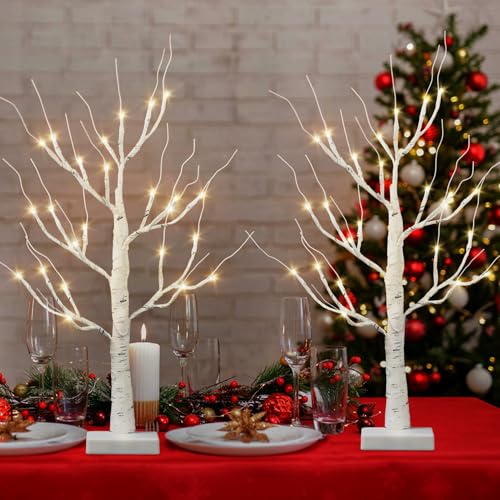 2-Pack 2 FT Lighted Birch Trees with LED Lights for Tabletop Decor