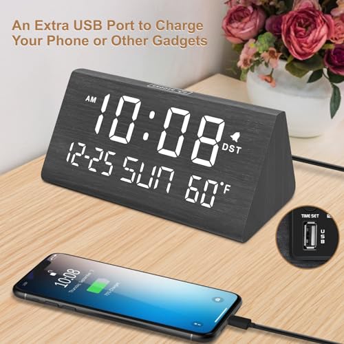 Wooden Digital Alarm Clock with USB Charging Port & Temperature Display