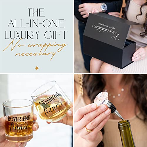 Engagement Gift Set for Couples with Whiskey Glass, Wine Glass & Stopper