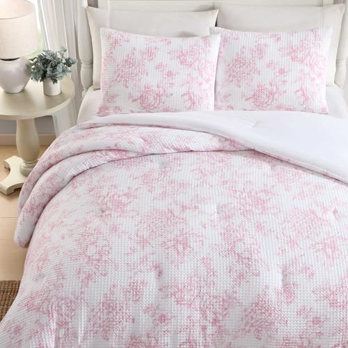 Floral Waffle Textured Comforter Set with Shams - Pastel Pink, Full/Queen