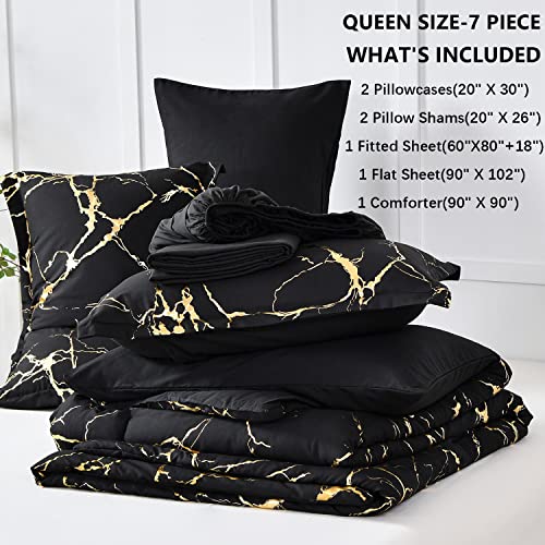 Gold Metallic Marble Comforter Set Queen Size - 7 Piece Bedding Set