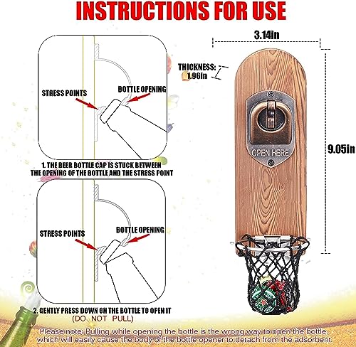 LUCYLANKER Vintage Wooden Wall Mounted Beer Bottle Opener with Magnetic Cap Catcher - Style 3