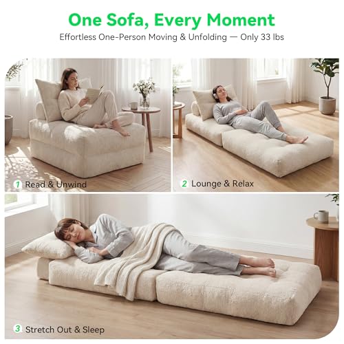 3-in-1 Folding Sofa Bed, Convertible Sleeper Chair in Beige Teddy Velvet