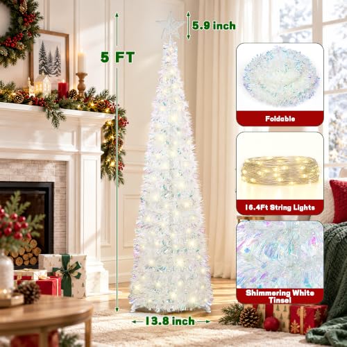 Sparkling White 5FT Collapsible Pop Up Christmas Tree with 50 LED Lights