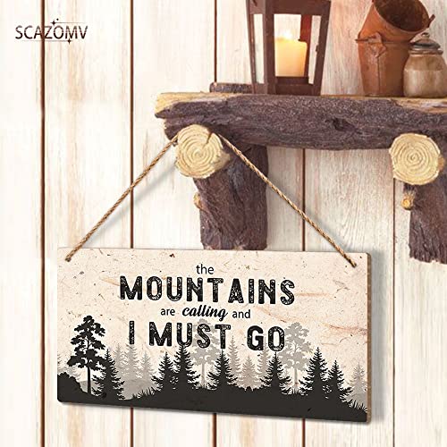The Mountains Are Calling Wood Sign, 10x5 Inch Rustic Wall Hanging Plaque
