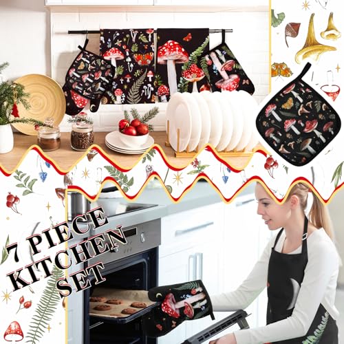 7-Piece Mushroom Kitchen Linen Set with Apron, Towels, and Oven Mitts