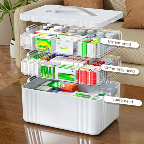 3-Tier Portable Medicine Organizer Box with Handle and Detachable Trays
