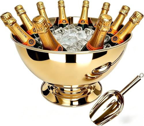 Stainless Steel Champagne Bucket with Scoop - Large 15.3" Wine Chiller for 8 Bottles, Mirror Finish, Heavy Duty, Gold
