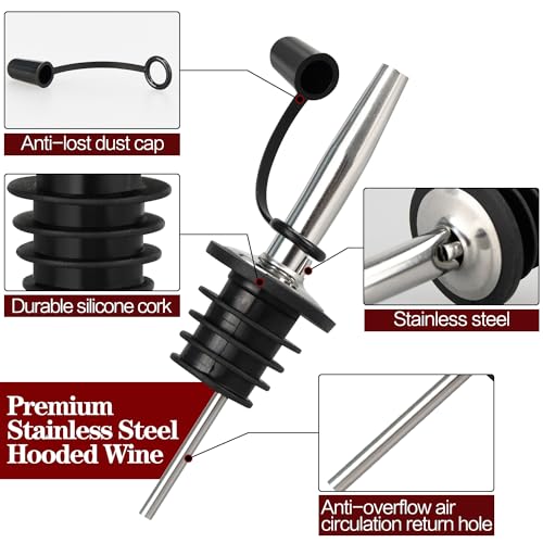 Stainless Steel Liquor Bottle Pour Spouts with Rubber Dust Caps (12 Pack)