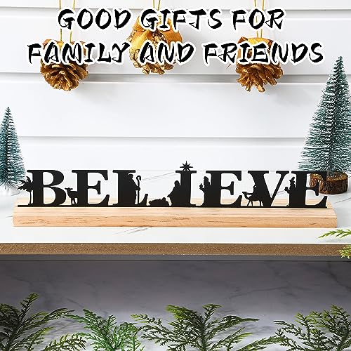 Modern Metal Nativity Scene Set with Wood Base for Christmas Table Decor