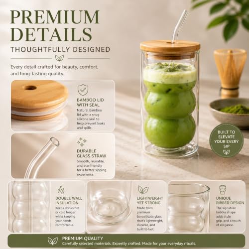 Ribbed Glass Cups with Bamboo Lids and Straws - 16oz Set of 2