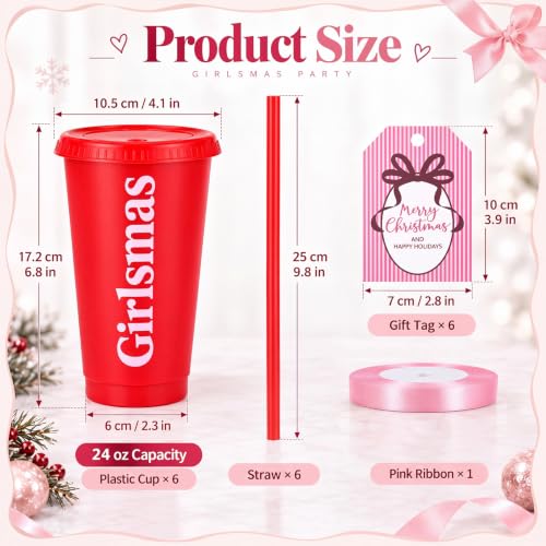 Potchen 6 Pack Girlsmas Christmas Plastic Cups with Lids, Straws, Pink Tags & Ribbon – 24oz