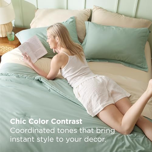 Queen Comforter Set in Sage Green - 7 Piece Bedding Set