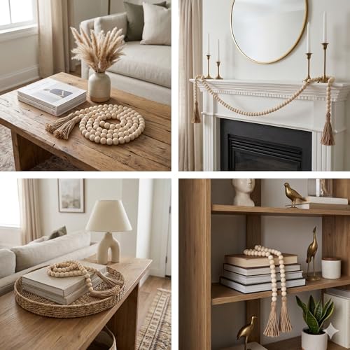 58-Inch Wood Bead Garland with Jute Tassels, Boho Farmhouse Table Decor