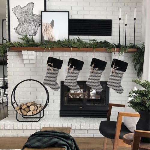 JKSVE 20 Inch Black Vertical Stripe Christmas Stocking with Gold Wooden Initial Monogram (Black Stripe)