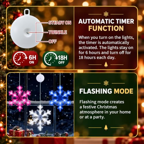 Faiclrr 3-Pack Snowflake Christmas Window Lights Battery Operated with Suction Cups, Indoor & Outdoor Holiday Decor
