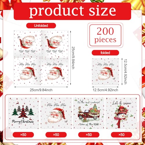 Fulmoon 200 Pcs Christmas Cocktail Paper Napkins - 4 Styles, Disposable Holiday Party Supplies