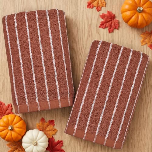 2-Piece Terracotta Striped Cotton Hand Towels - 13" x 29" Fall Decor