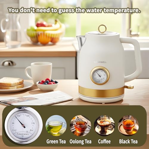 Retro Electric Tea Kettle, 1.7L Stainless Steel with Built-in Thermometer