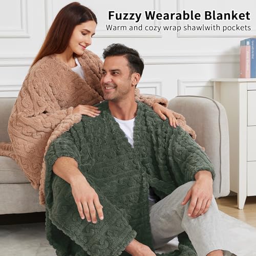 Wearable Blanket Poncho with Pockets, Soft Sherpa Fleece Shawl Wrap
