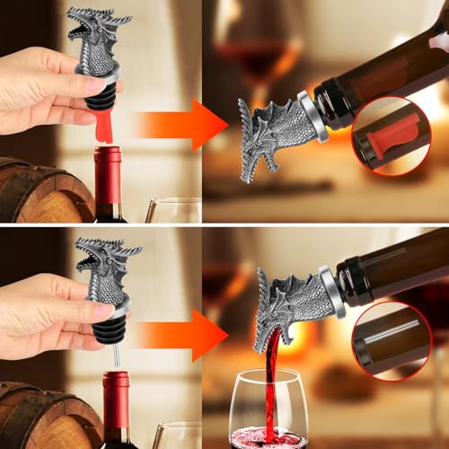 LKKCHER Silver Dragon Liquor Pourer and Stopper Set - 2-in-1 Wine Bottle Accessory