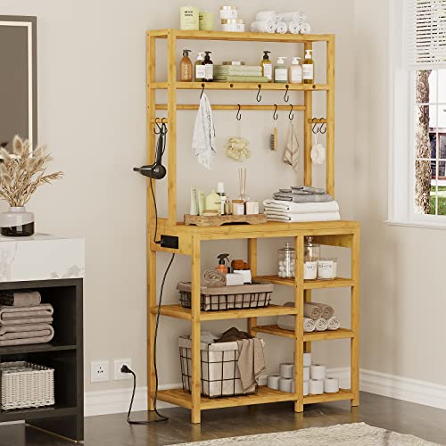 FORABAMB 31.5''W Bamboo Bakers Rack with Power Outlets, 8-Tier Kitchen Storage Shelf