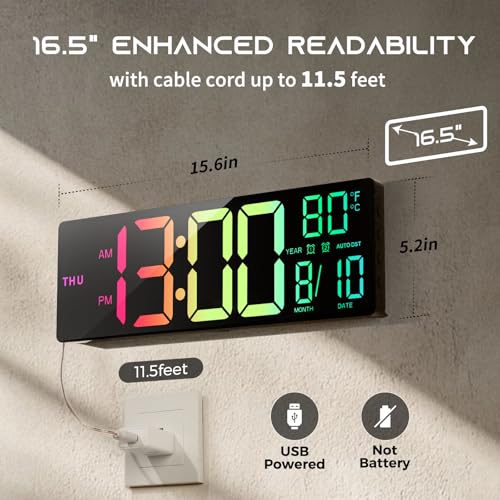 16.5" Large Digital Wall Clock with 11 RGB Lights, BT Sync & Remote Control