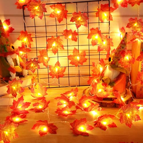 Lighted Fall Maple Leaf Garland with Timer - 2 Pack 20ft String Lights