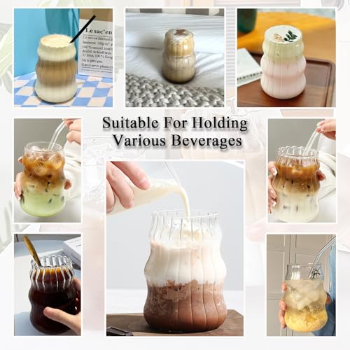2 Pcs Ribbed Glass Cups, 18 Oz Vintage Wavy Drinkware for Iced Coffee