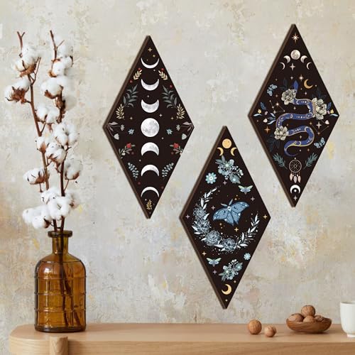 4-Piece Wooden Moon Phase Wall Art Set, Gothic Boho Hanging Decor