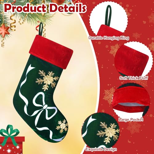 RoundFunny 18in Velvet Christmas Stockings Set of 4 with Embroidery - Red & Green