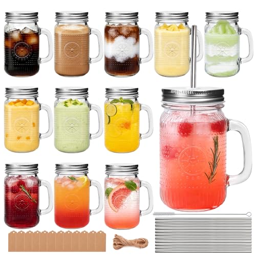 Encheng Silver Mason Jar Cups with Handle 16 oz, Vintage Glass Drinkware with Lids & Straws – Reusable Food Storage & Beverage Glasses, 12 Pack