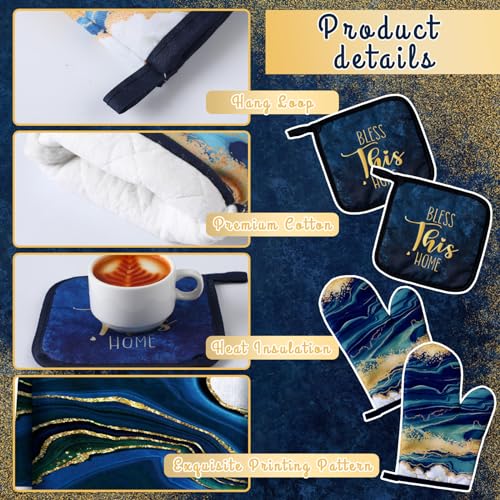 6-Piece Blue Marble Kitchen Set: Oven Mitts, Pot Holders, and Dish Towels