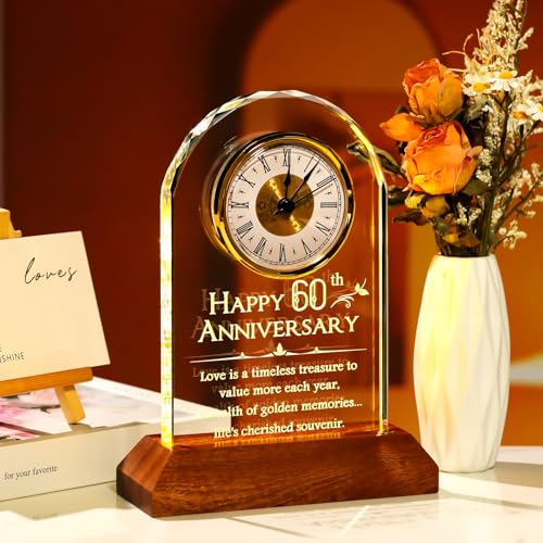 60th Wedding Anniversary Glass Desk Clock with LED Light Base
