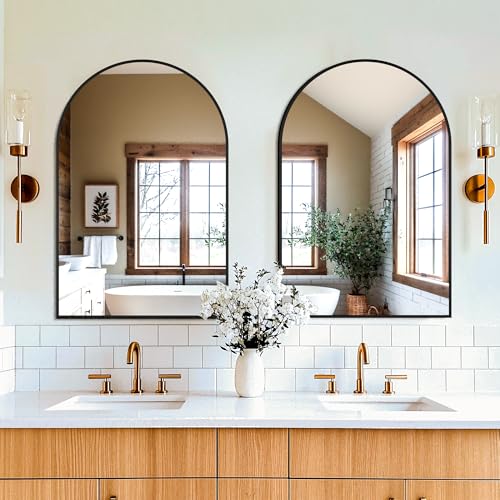 2-Pack 24x36 Arched Wall Mirror, Black Metal Frame Shatter-Proof Vanity Mirror