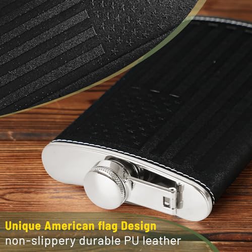 Leather America Flag 12oz Hip Flask with Cups & Funnel - Men's Gift, Black