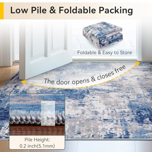 Washable Abstract Area Rug 5x7 Non-Slip Low-Pile Blue Gray Living Room Carpet