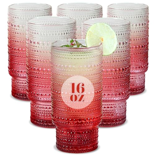 Gradual Red Hobnail Glasses Set of 6 - 16 oz Vintage Water Tumblers for Drinks