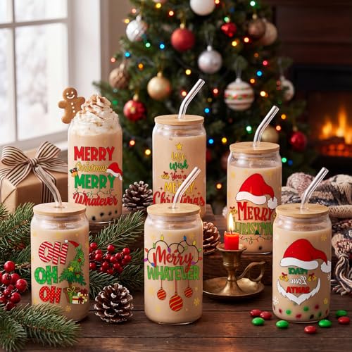 SiliFine Christmas Glass Cups with Lid & Straw - Santa Design, 16 oz, 6 Pack