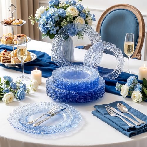 Blue Disposable Plastic Plates Set 60 Pcs - Clear Blue Water Ripple Design, 10