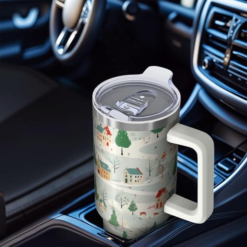 40oz Winter Village Tumbler with Handle & Straw - Insulated Mug, Holiday Gift