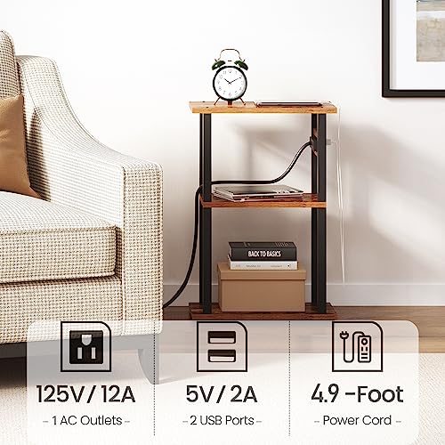 Narrow Side Table with Charging Station, 3-Tier Slim End Table with USB